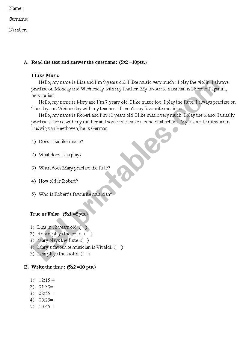 5th grade exam worksheet