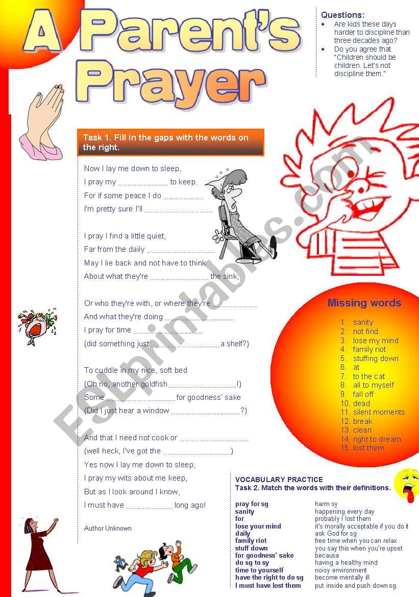 A ParentÂ´s Prayer (Funny poem+Vocab Ex.)