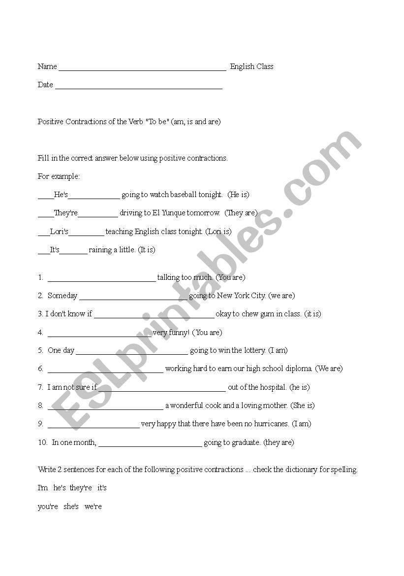 Positive Contractions worksheet