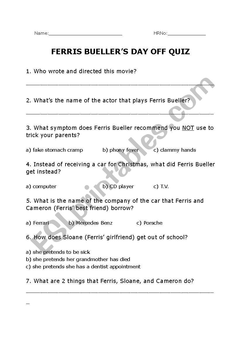 Ferris Buellers Day Off Quiz worksheet