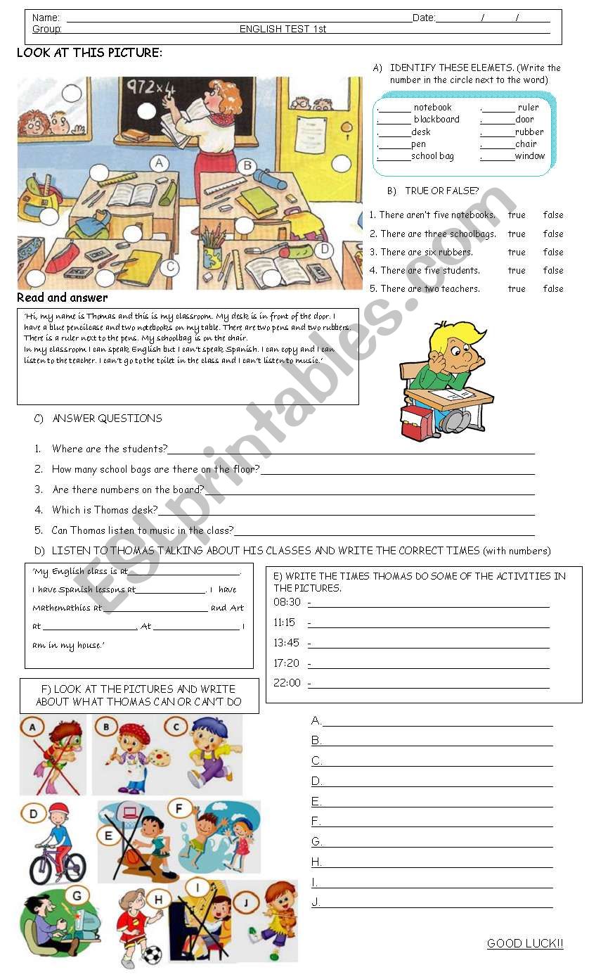 English Test For Beginners Worksheet