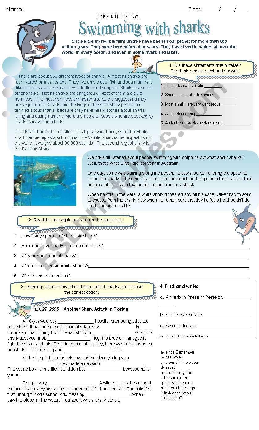 SWIMMING WITH SHARKS worksheet