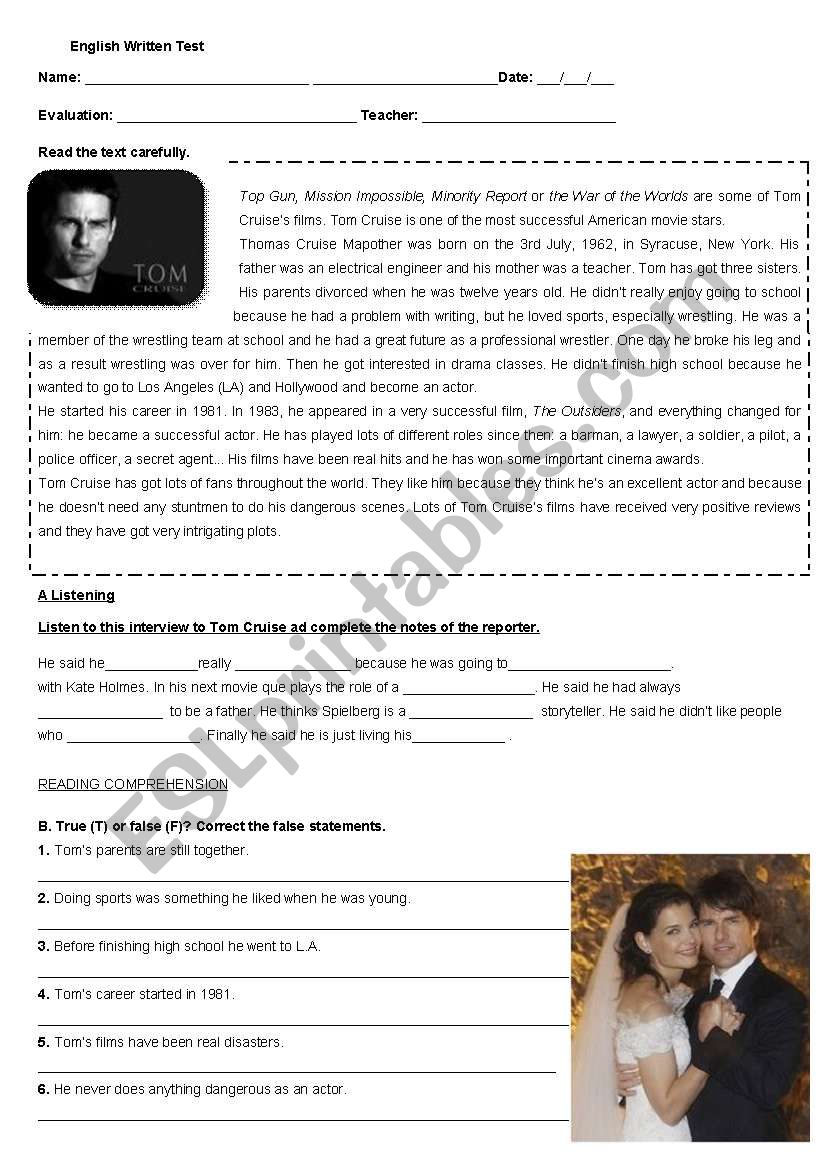 TEST ABOUT TOM CRUISE worksheet