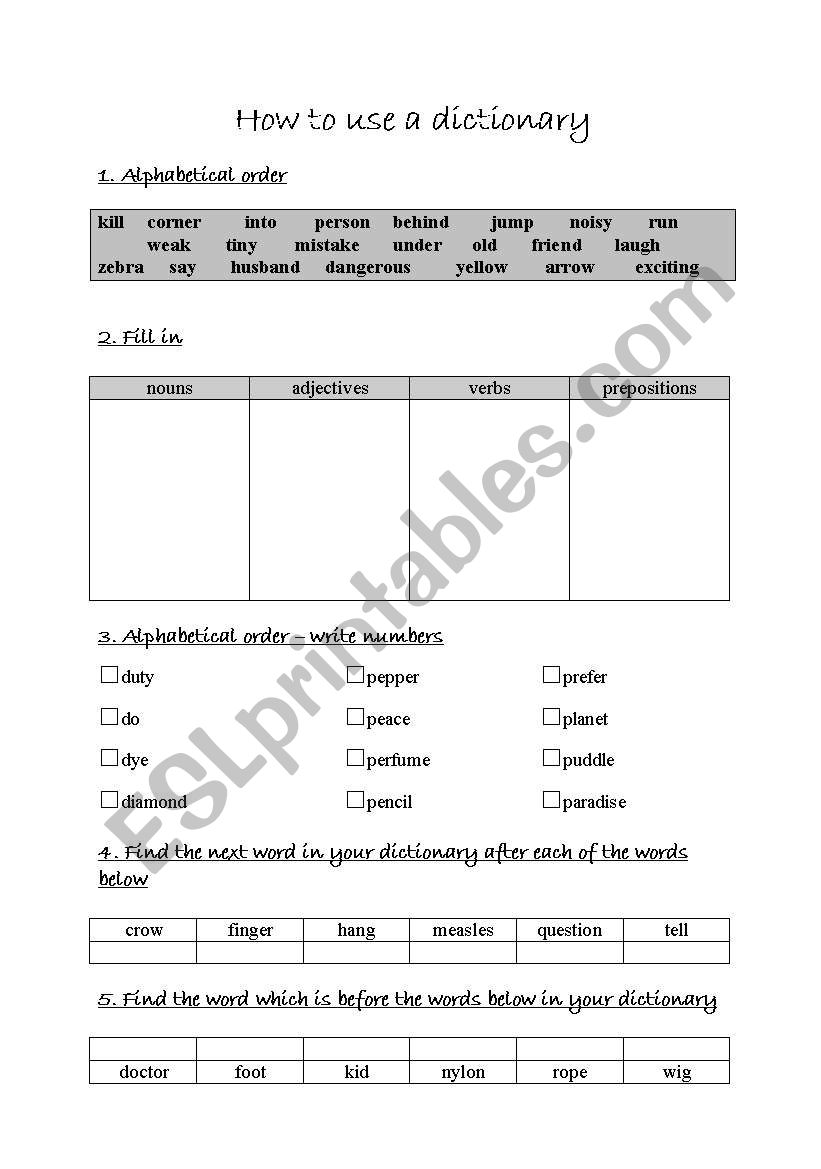 How to use a dictionary worksheet