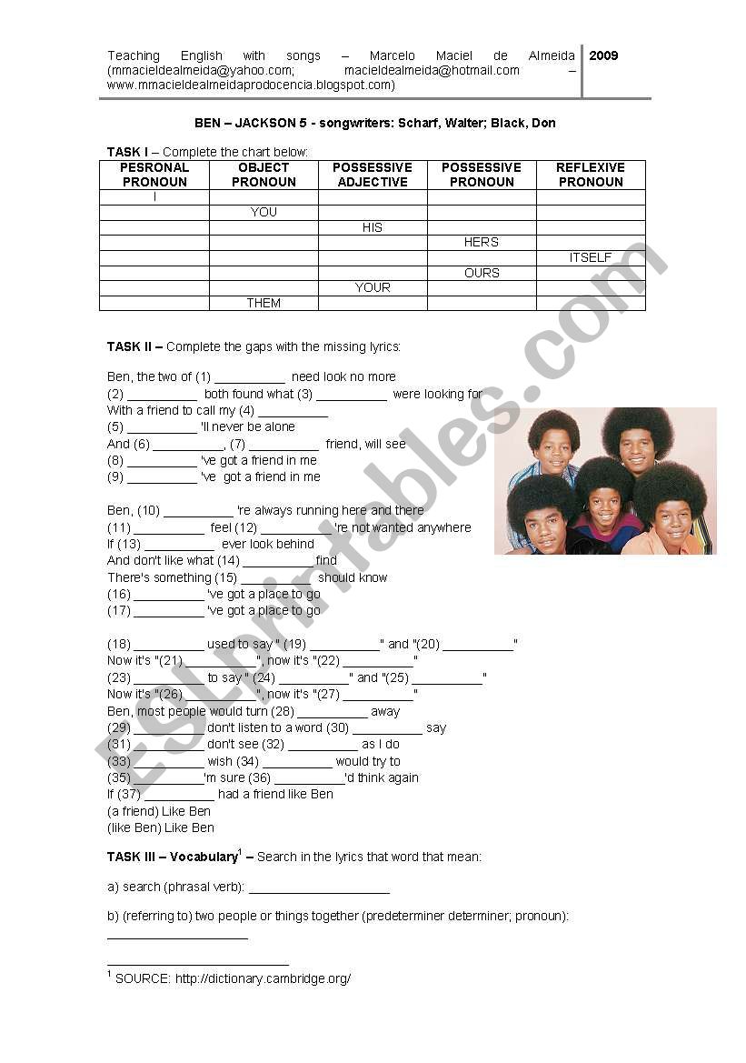 BEN - MICHAEL JACKSON worksheet