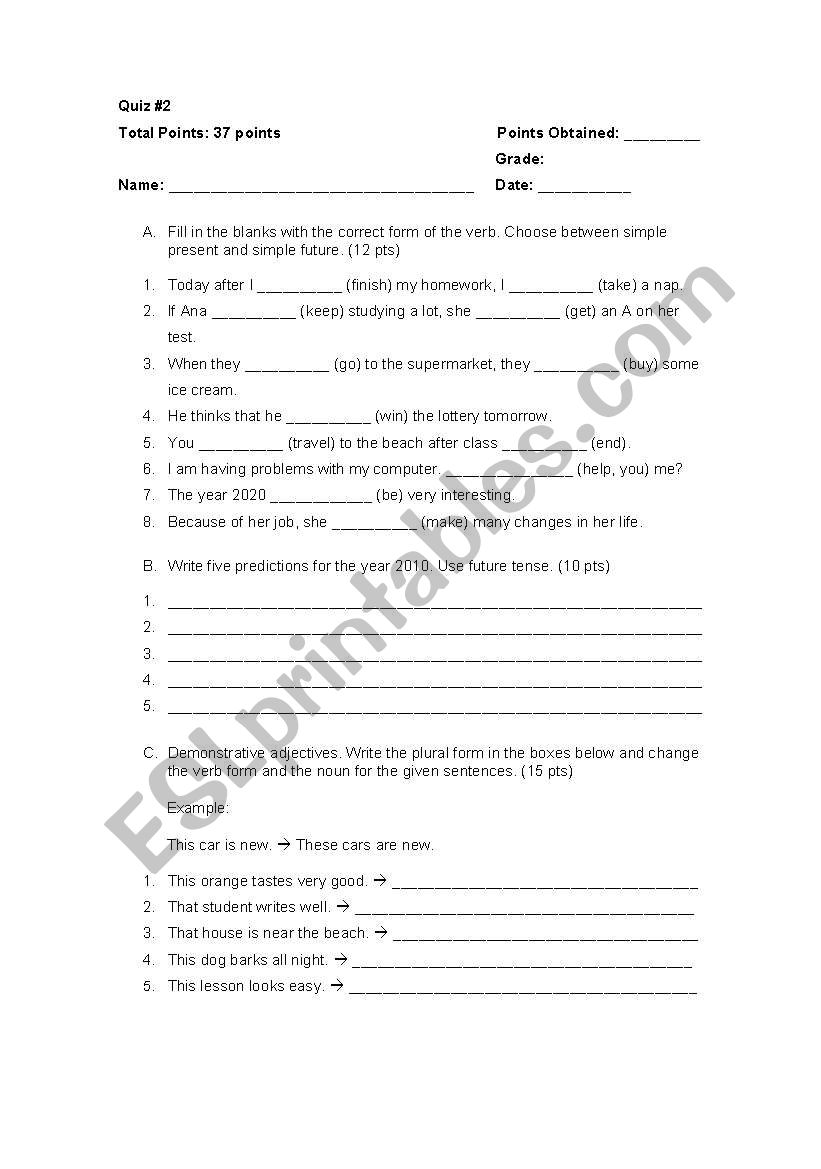 Quiz on future tenses worksheet