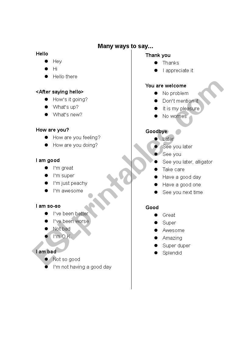Many ways to say... worksheet