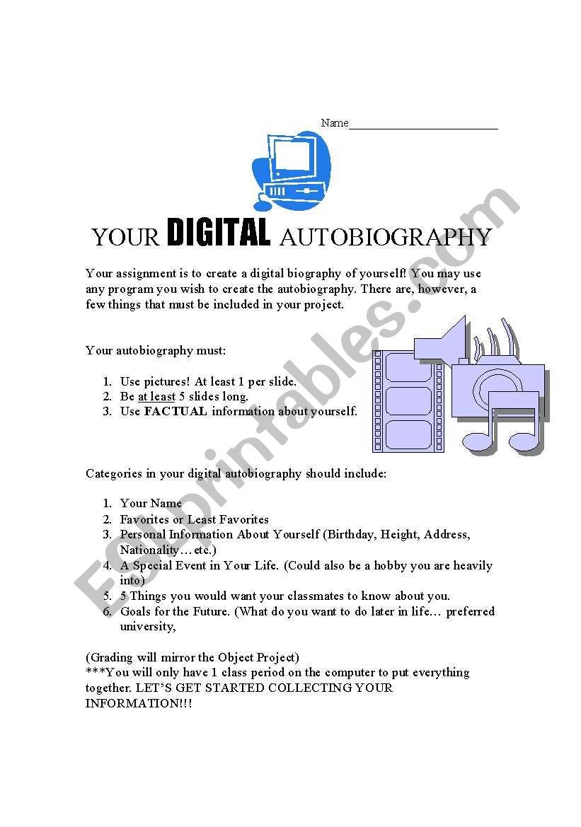 Digital Autobiography worksheet