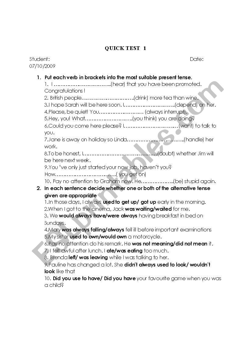 quick test (present tense) worksheet