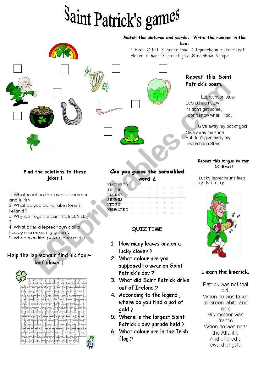 saint Patricks games worksheet