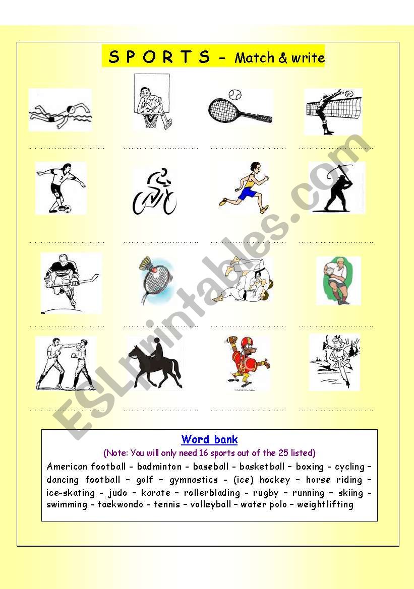 SPORTS AND ACTIVITIES - MATCHING EXERCISE (B&W VERSION INCLUDED