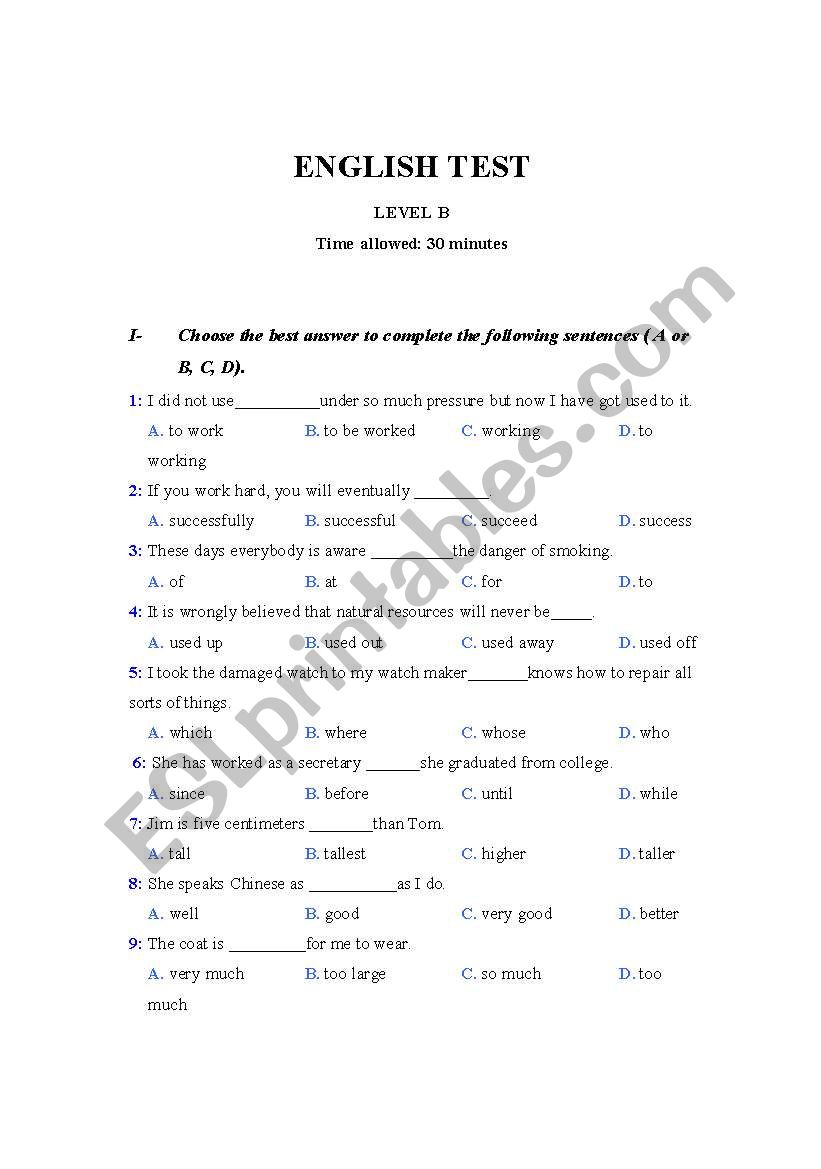 English test worksheet