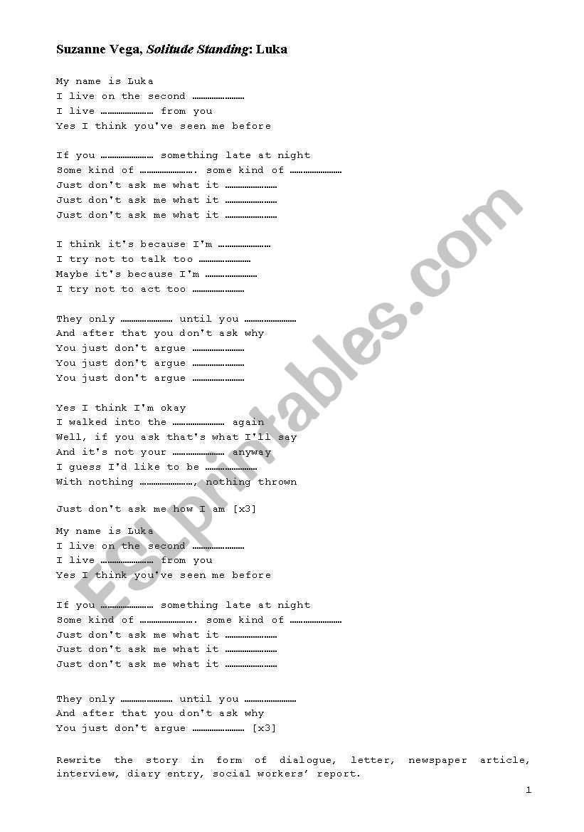 Suzanne Vega Luka worksheet