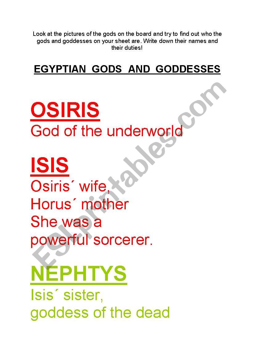 Egyptian gods worksheet