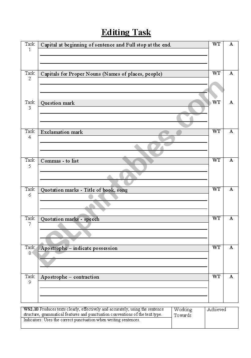 Editing assessment worksheet