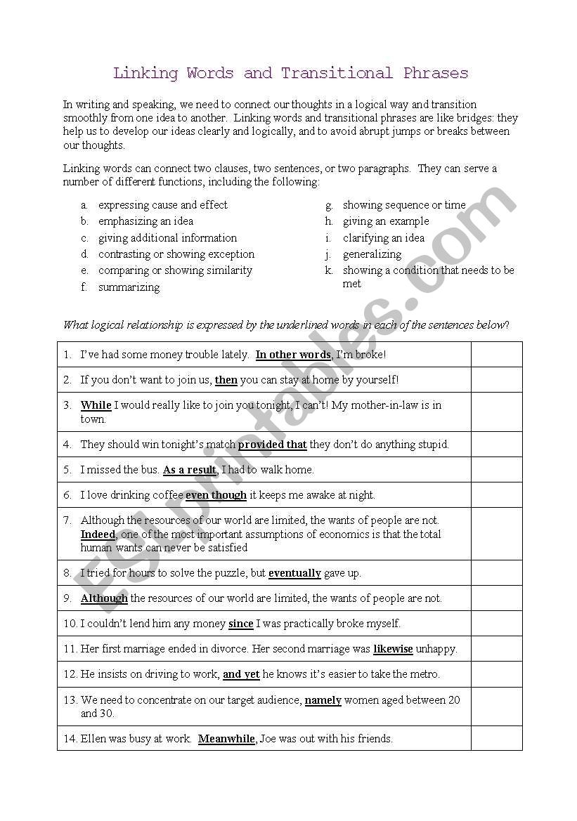 Linking Words and Transitions: Explanation and Matching Activity