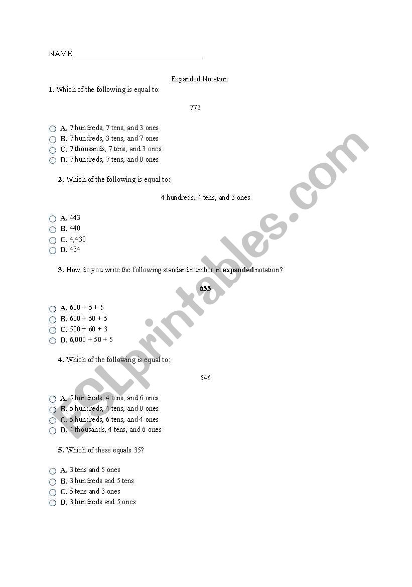 Place value worksheet