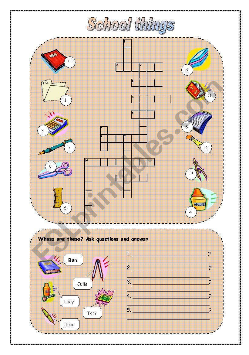 school objects worksheet