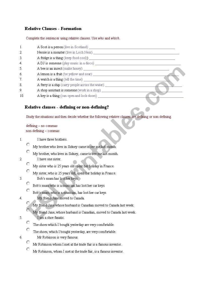 relative clauses exercises worksheet