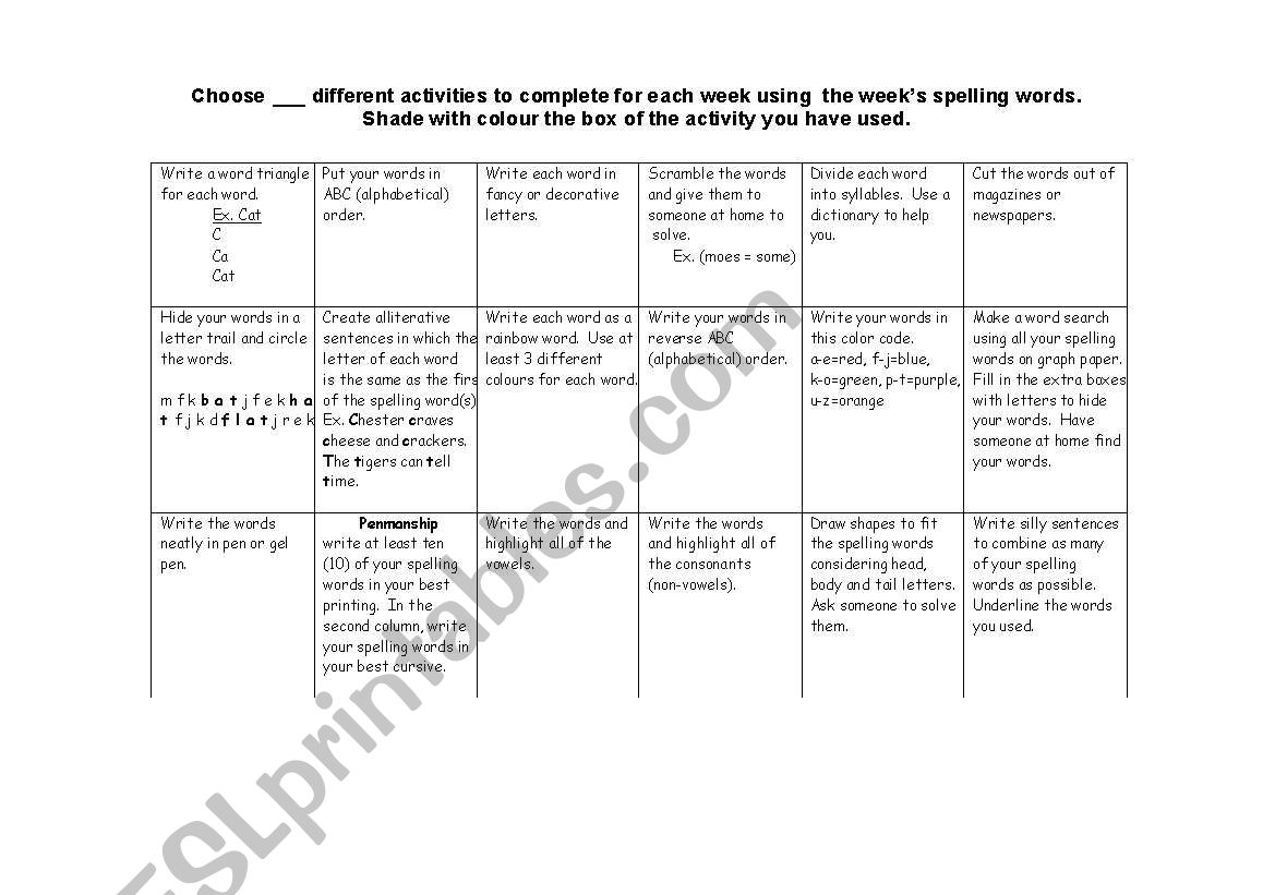 Spelling Activities Grid worksheet