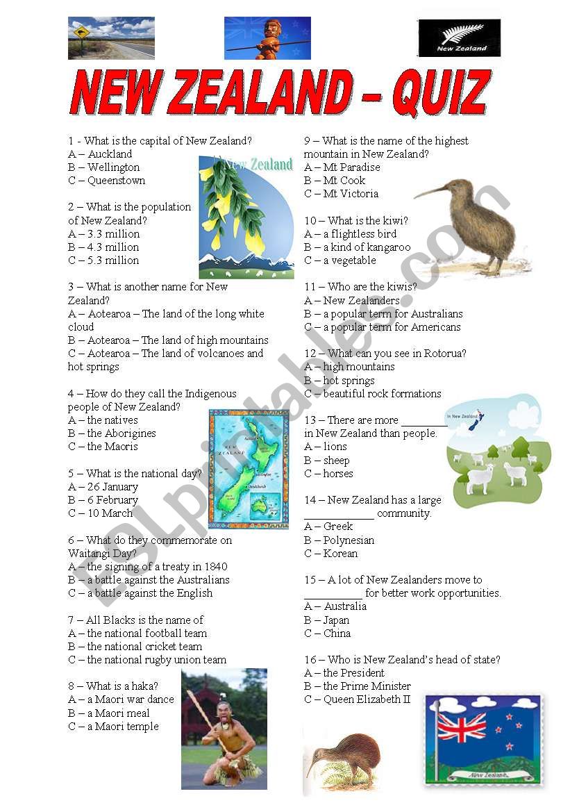 New Zealand - quiz - ESL worksheet by ildibildi