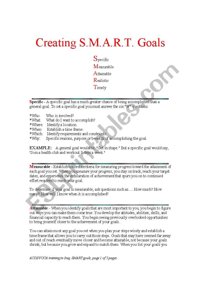 creating S.M.A.R.T Goals  worksheet