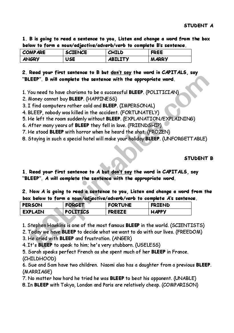 WORD BUILDING PAIRWORK worksheet