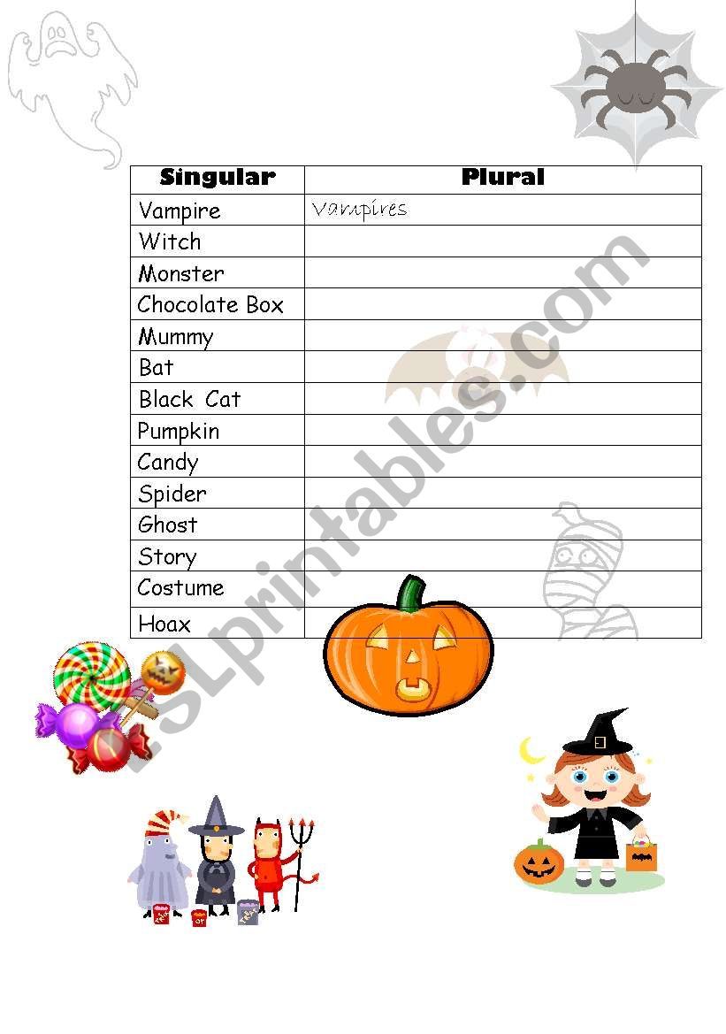 halloween regular plurals worksheet