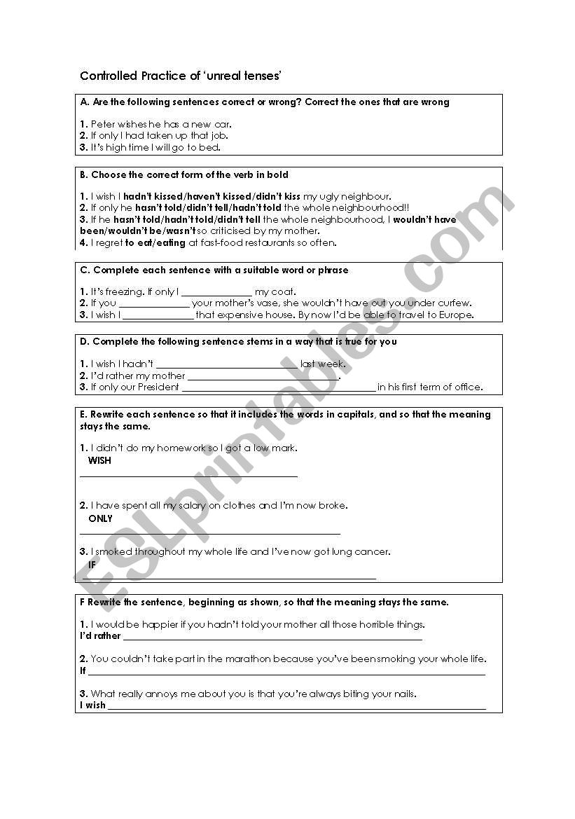 unreal tenses worksheet