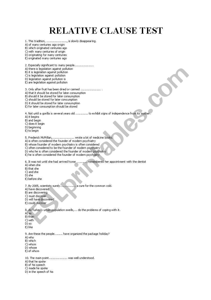 Relative Clause Multiple Choice