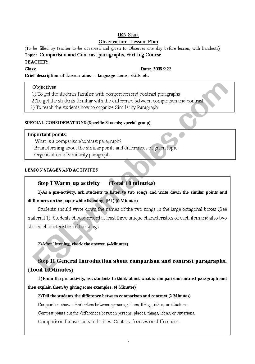 Lesson plan Writng Compare and Contrast Paragraph