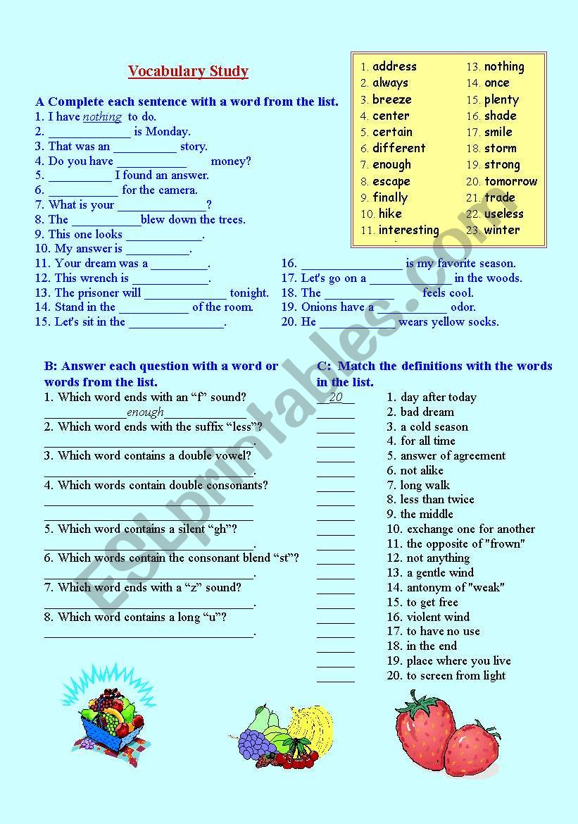 Vocabulary study worksheet