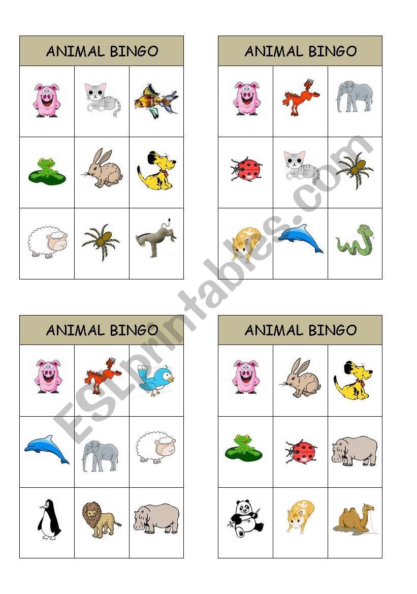 animal bingo cards worksheet