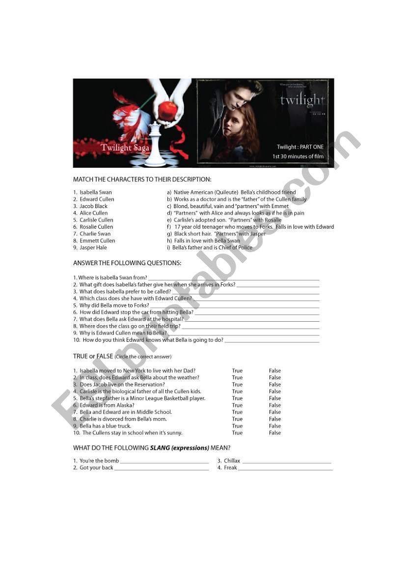 Twilight (1st 30min of movie) worksheet