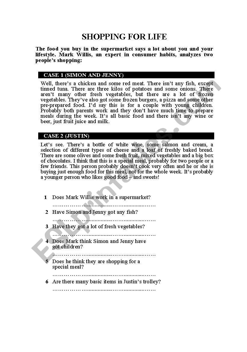 Shopping for Life worksheet