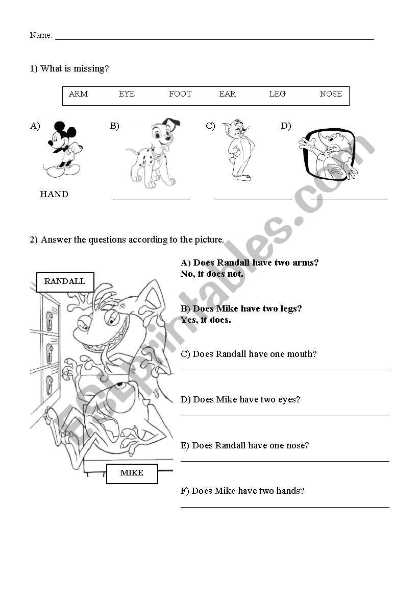 Parts of the body worksheet