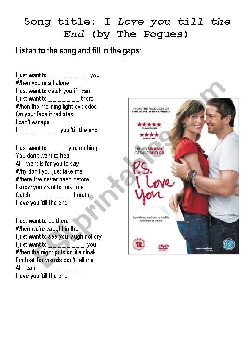 Song I love you till the end worksheet