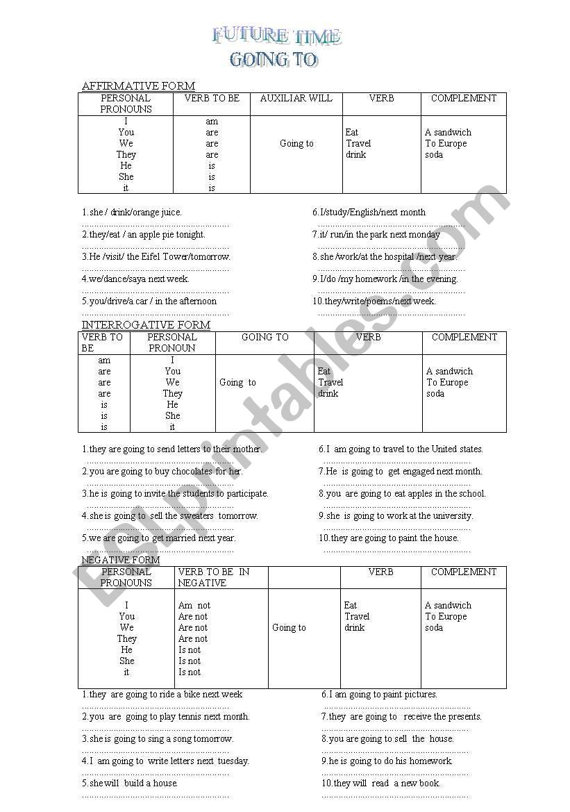 going to -future time worksheet