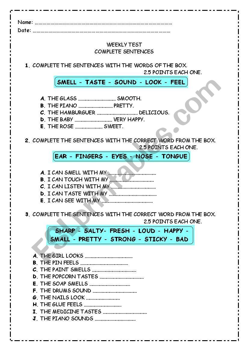 weekly test. complete sentenc worksheet