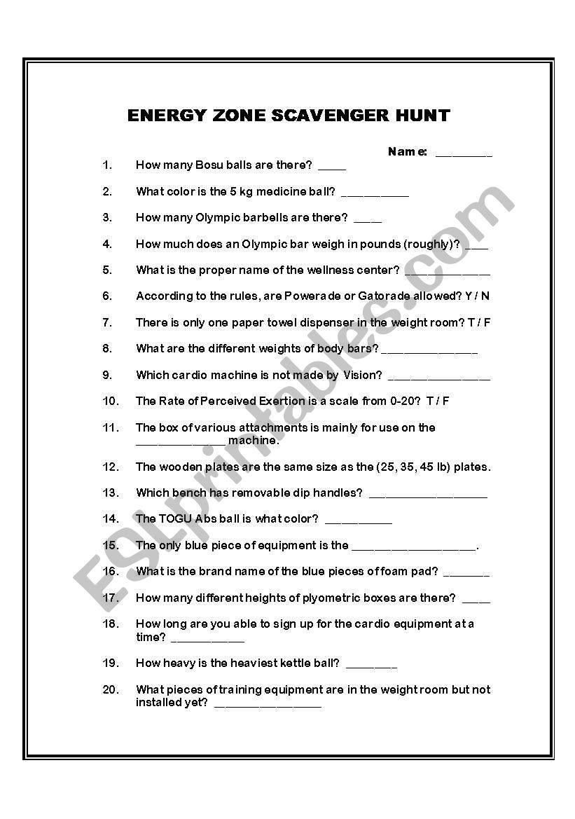 Weight Room Scavenger Hunt worksheet