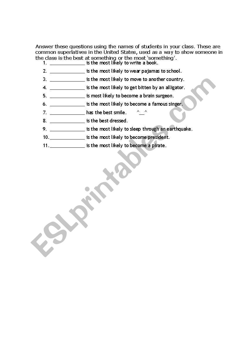 High School Superlatives worksheet