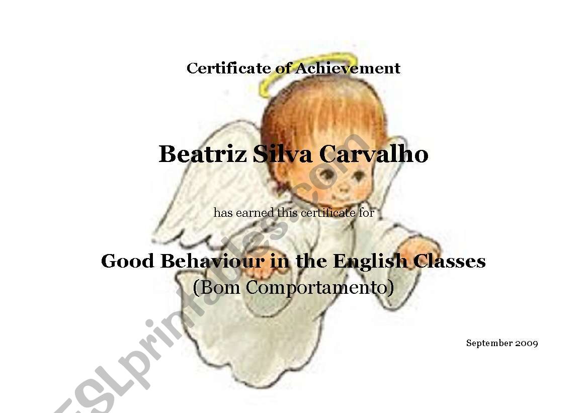 behaviour certificate worksheet