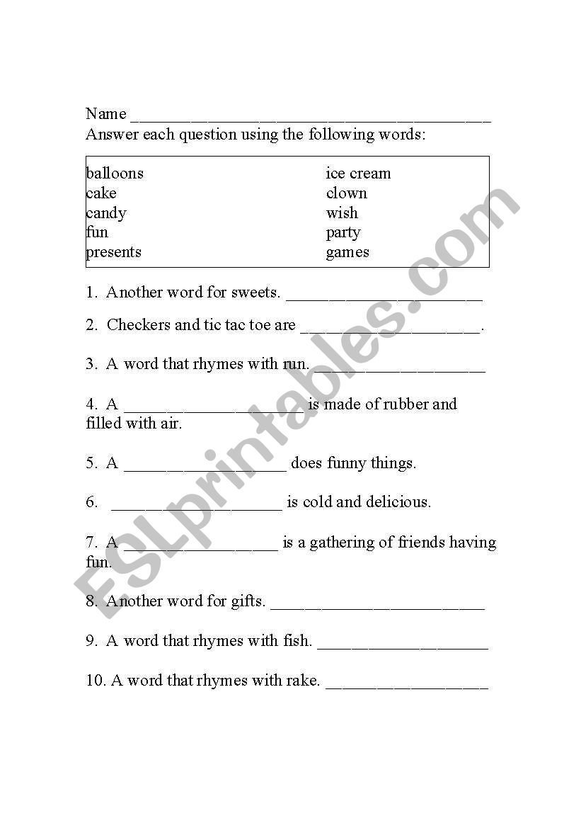 Birthday Party! worksheet