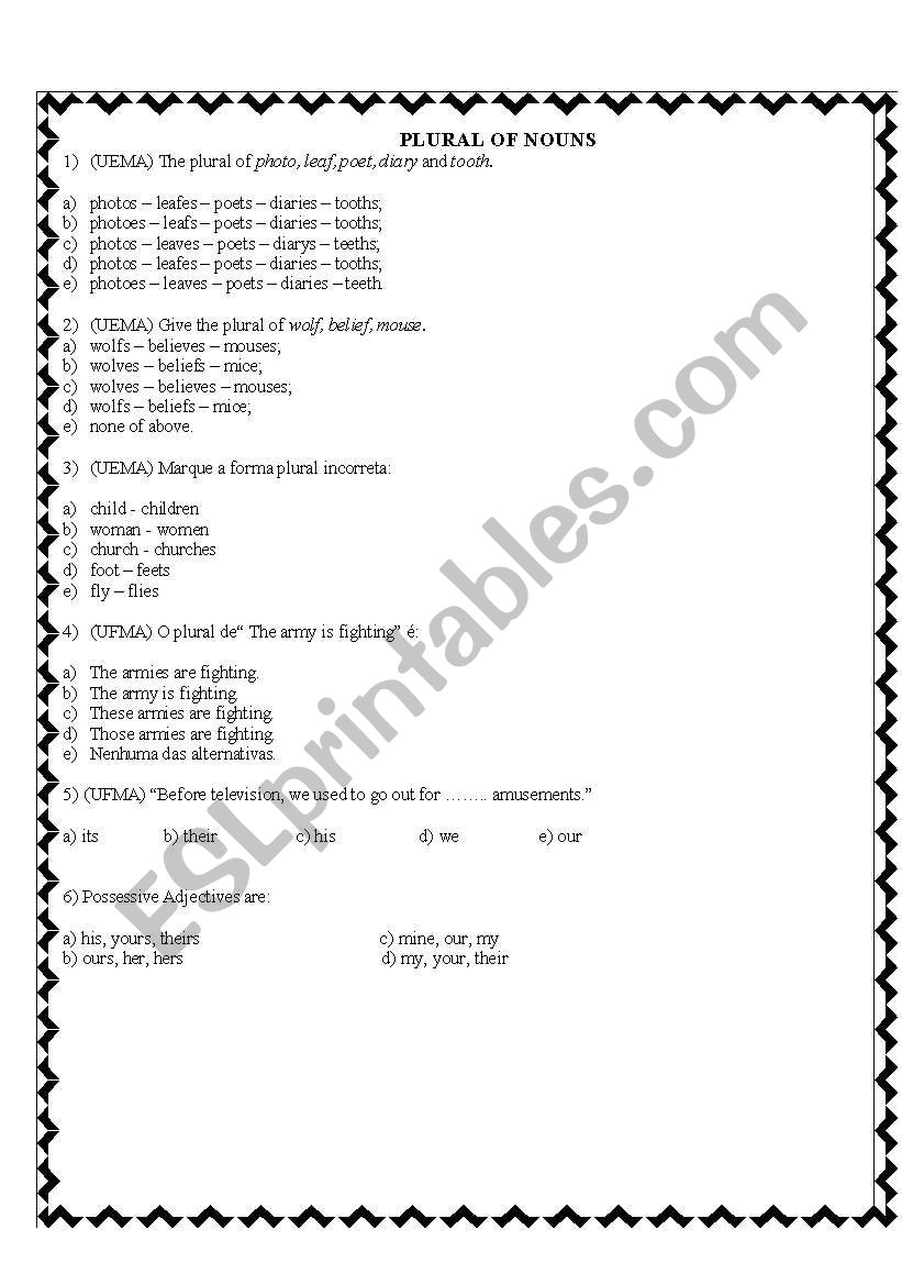 PLURAL OF NOUNS - EXERCISES worksheet