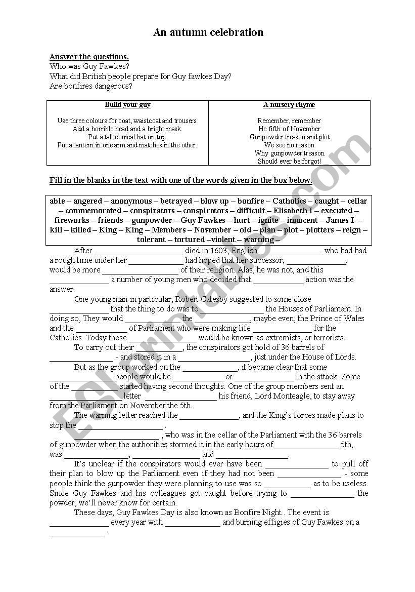 guy Fawkes day worksheet