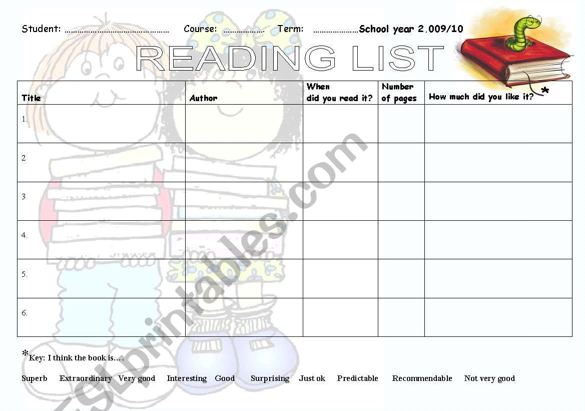 READING LIST worksheet