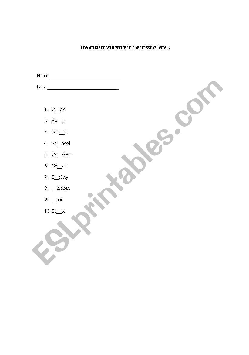Missing Letter worksheet