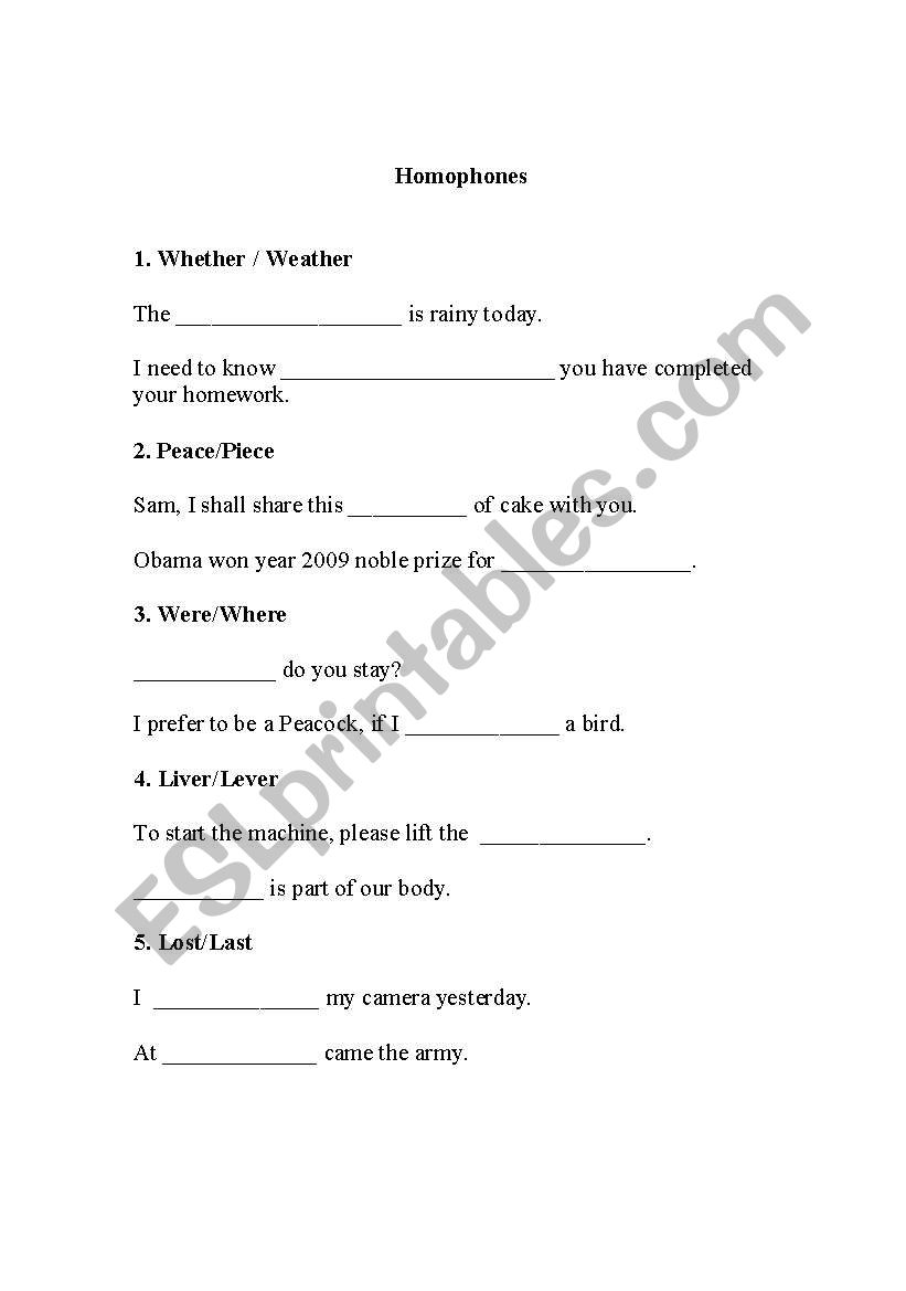 Homophones worksheet