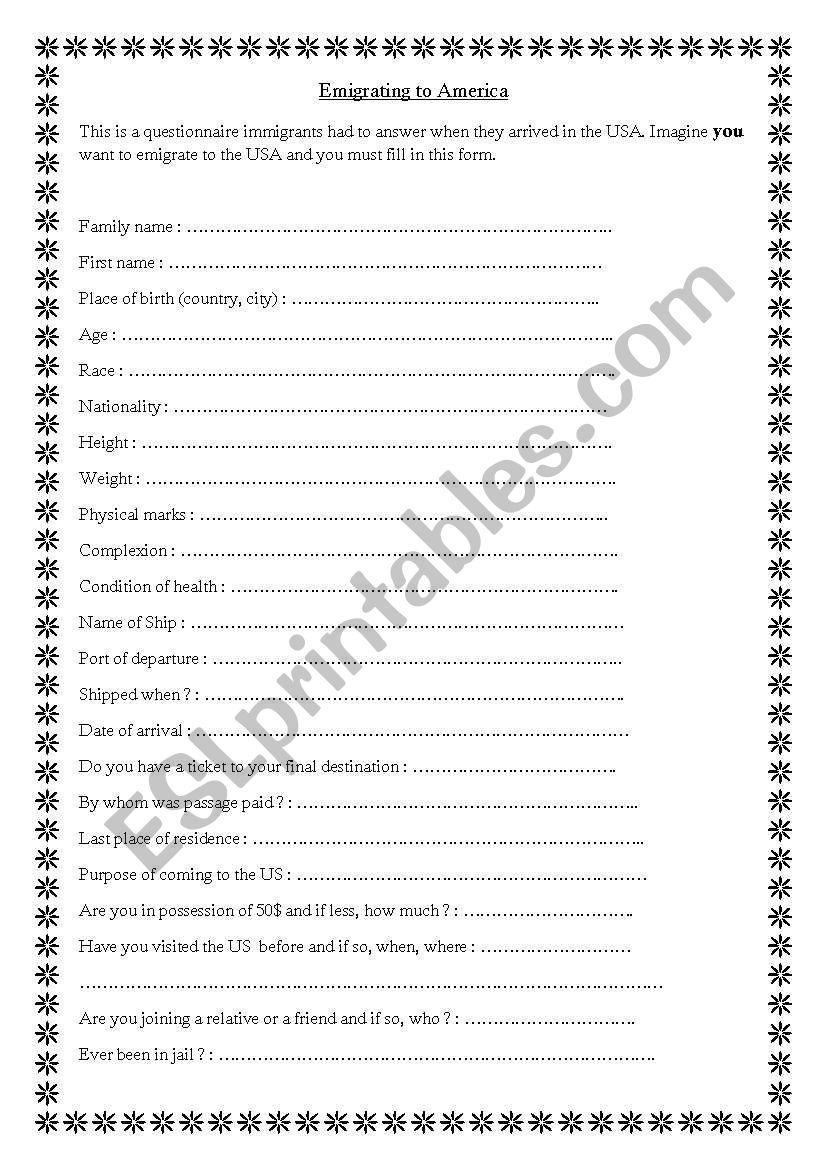 Emigrating to America worksheet