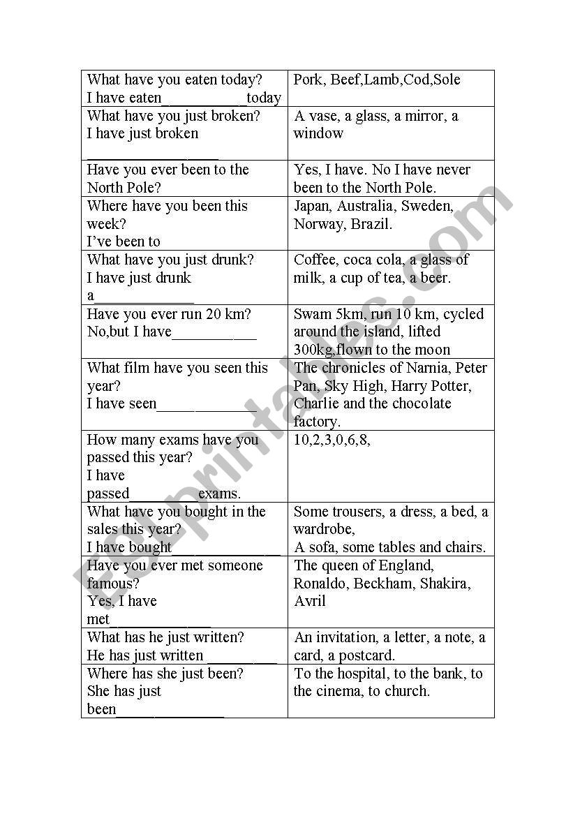present perfect secrets game worksheet